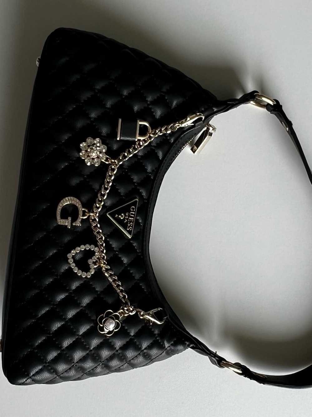 GUESS Black Quilted Shoulder Bag with Decorative Charm Chain
